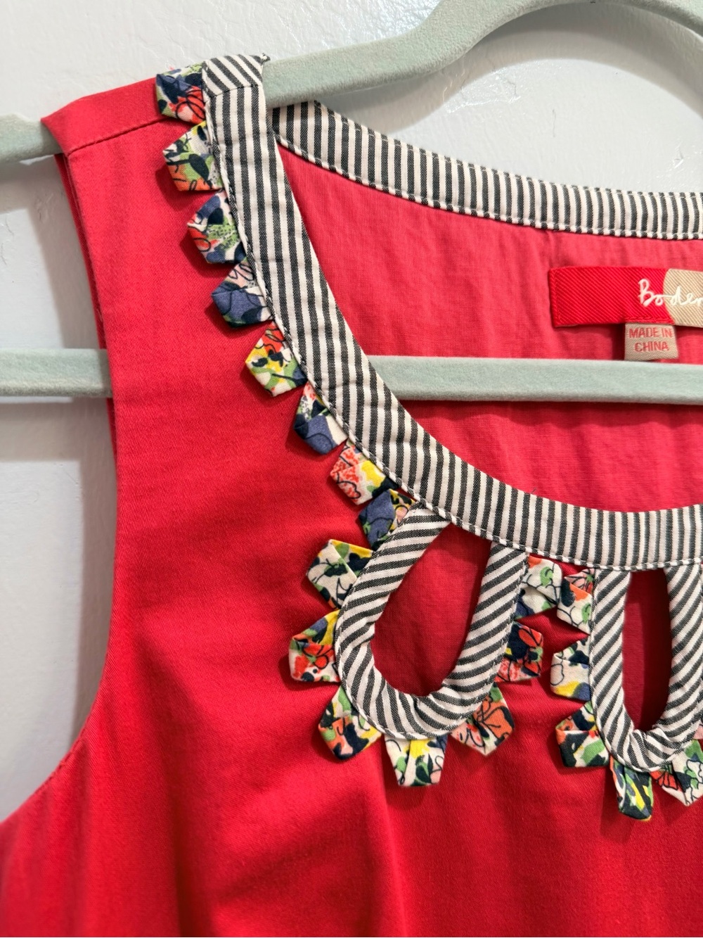 Boden Coral Pink Cotton Shift Dress with Cutout Neckline Striped Floral Trim 2 - Picture 5 of 16